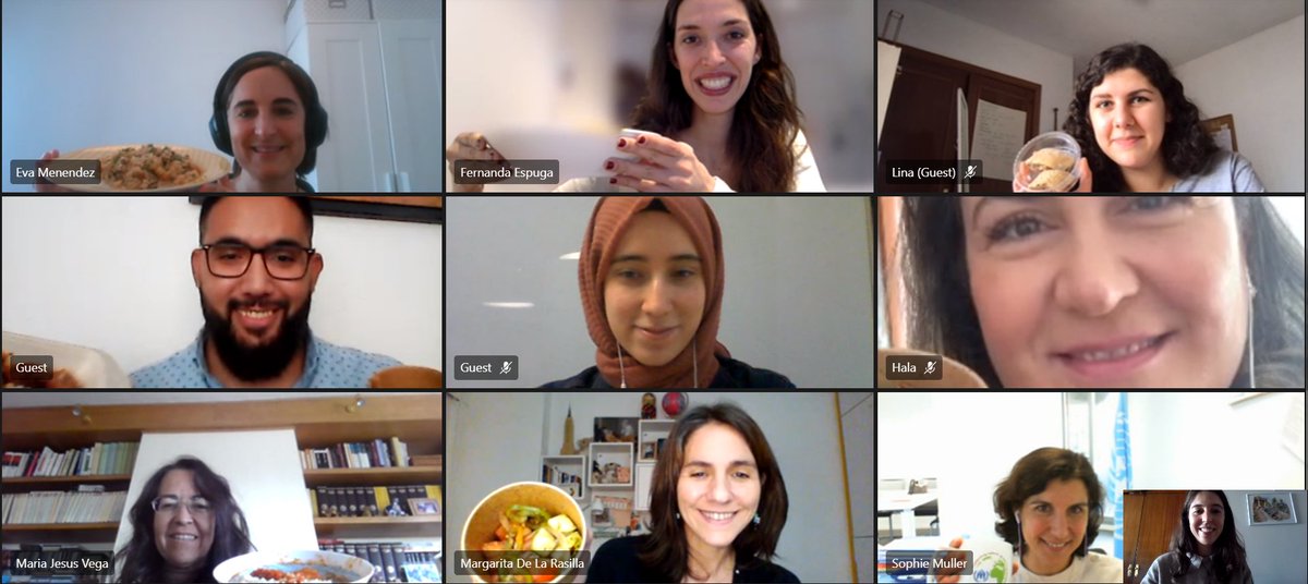ACNURspain's tweet photo. Damos las gracias a nuestros 1os refugiados voluntarios: Beyza, Eida, Hala y Lina, por su apoyo durante el último año. 

Les despedimos con una comida virtual, un nuevo equipo se incorporará pronto.

Bienvenidos ya para siempre a la familia ACNUR 💙 Comida rica de @refusionmadrid https://t.co/cc7jBSSneh