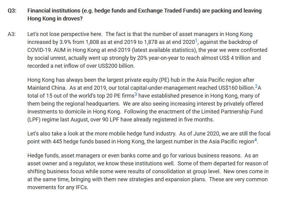 “Financial institutions are…leaving Hong Kong in droves?” Nobody said they were—it would be difficult in the middle of a pandemic! But there are clear signs global biz has doubts about HK's safe harbor status, as its government has obviously noticed:  https://www.ft.com/content/76f88fc4-a0c2-42dd-8419-5956477c4a4a 4/8