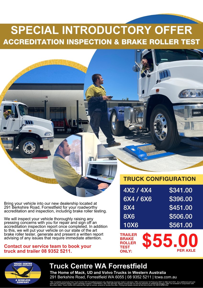 tcwafanpage's tweet image. SPECIAL INTRODUCTORY OFFER! Bring your vehicle into our new Forrestfield dealership for your roadworthy accreditation and inspection, including brake roller testing! Trucks and trailers welcome. Call us on 0893525211 to book your vehicle today!