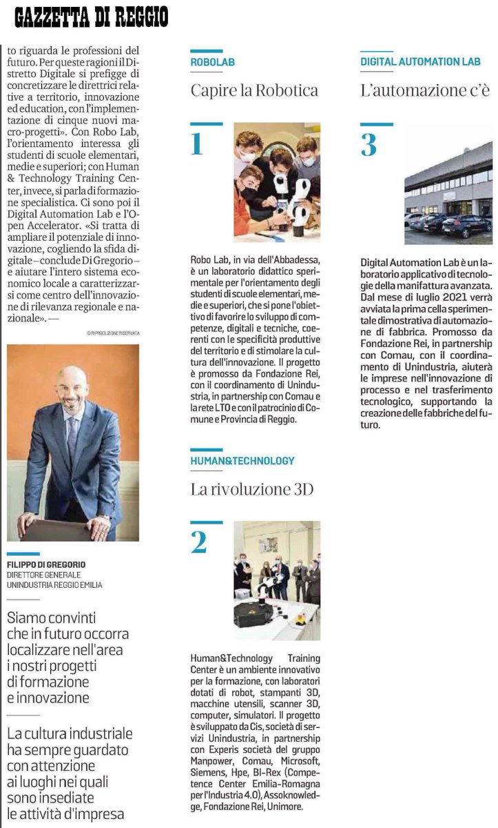 UnindustriaRE's tweet photo. Primo Piano @gazzettaReggioE su #distrettodigitale con intervento del DG @UnindustriaRE Filippo Di Gregorio.
#robolab #openaccelerator #digitaldistrict #innovazione
#httc #competenzedigitali #industria40 #formazione #education #territorio #persone #laboratori https://t.co/IuCO1iMBmA