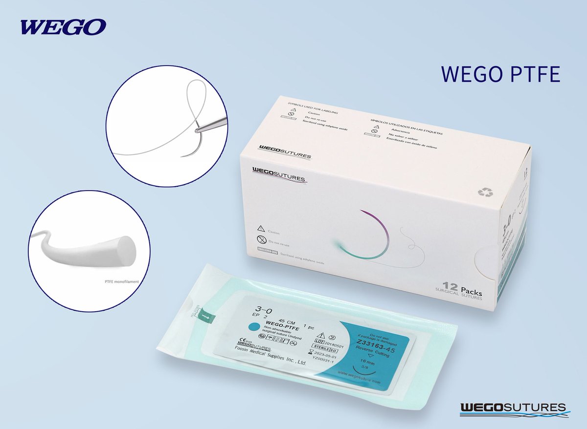 wegosuture's tweet image. Wego PTFE sutures is non absorbable monofilament sutures made by 100% pure PTFE without additives. It is ideal sutures for Dental Surgery, Heart Valve repair, Cardiovascular surgery, Cosmetic Surgery.
Web： foosin.en.made-in-china.com/company-Foosin…
#Wego  #PTFEsutures  #DentalSurgery