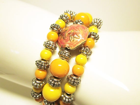 Yellow Silver Wrap Bracelet Peaches And Cream Bead Cuff Memory Wire Stack Bracelet Yellow Bracelet #Gift Ideas For Her #JEWELRY BRACELET #wrapbracelets #handmade #fashion #giftideas #style #giftforher #bracelets