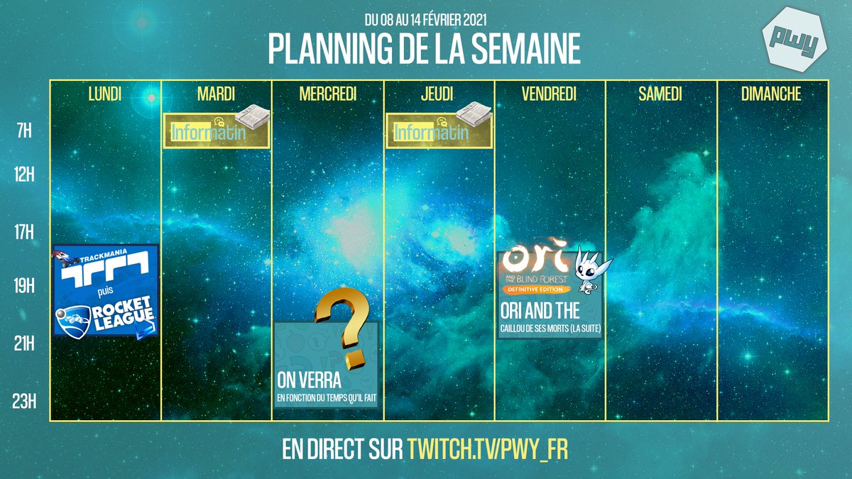 le_pwy's tweet photo. Calendrier de stream de la semaine :
#trackmania #rocketleague #Oriandtheblindforest #informatin
Petit doute sur mercredi, je ne sais pas si je pourrais streamer. Bonne semaine à toutes et tous !
@PetitsStreams @Stream_Francais @RTStreamee @TwitchFR @TwitchStreameur https://t.co/xW3icRq9ru