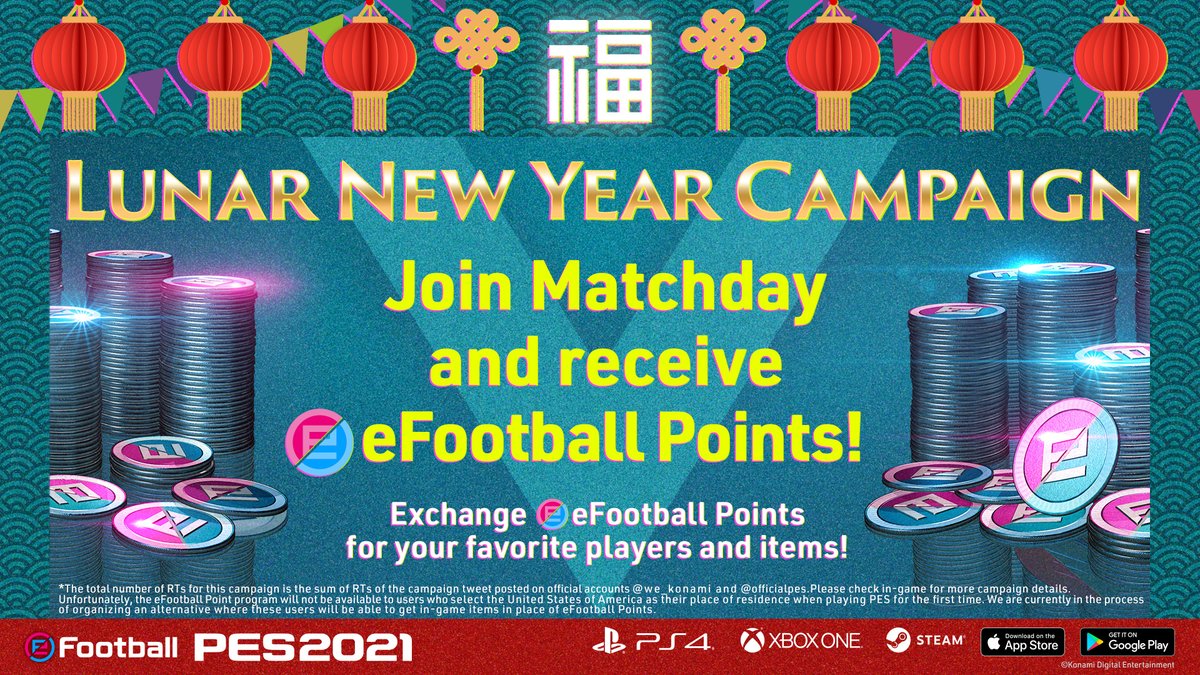 play_eFootball's tweet photo. Head in-game now to take part in this weeks Matchday and earn yourself some eFootball points with the Lunar New Year campaign! 🥳🙌 #PES2021 https://t.co/lYX0MJxWiy