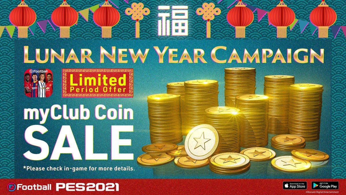 play_eFootball's tweet photo. Wishing you a prosperous New Year with a #myClub Coin Sale that is now live for a limited period! #PES2021 https://t.co/V0XwPLZWtR