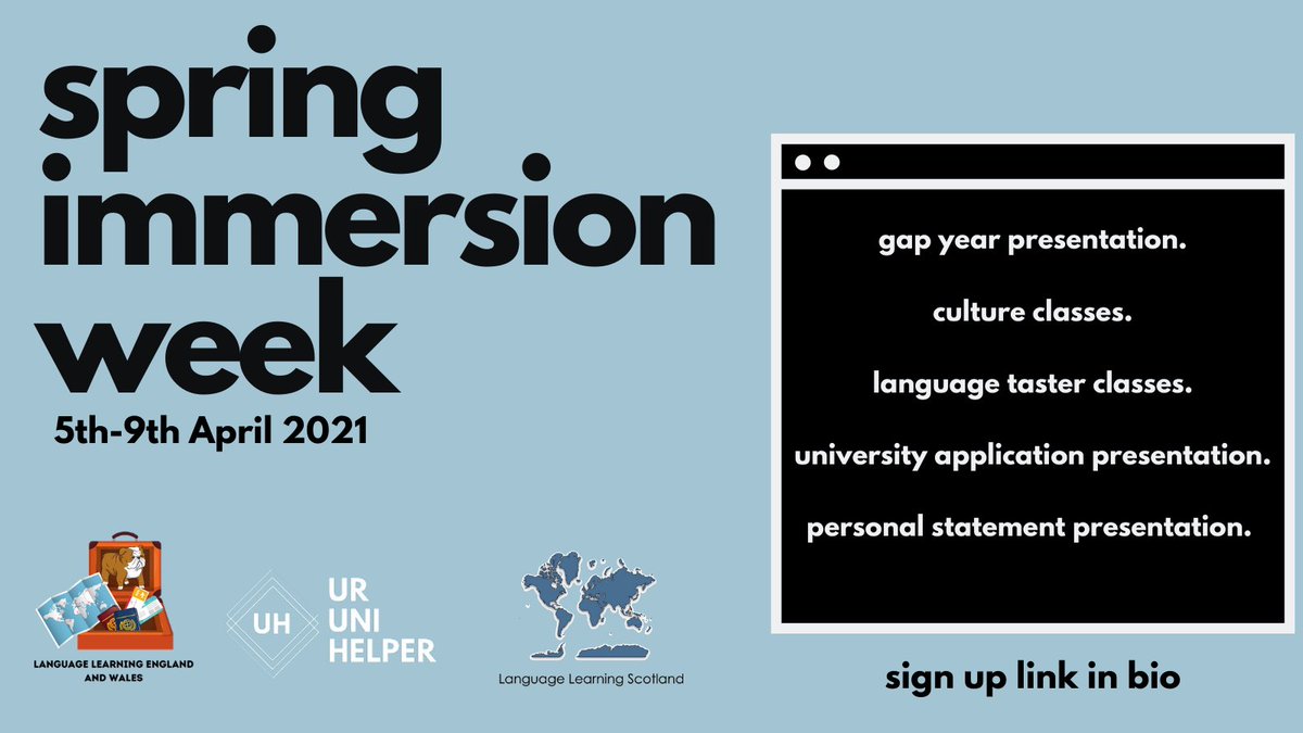 LanguageLearnSc's tweet photo. Spring Immersion Week

We are happy to announce we will be partnering with other organisations to create a free immersion week for high school students! 

See thread for more

Share this with your classes for an unmissable opportunity for students!
#Languages #LanguageLearning https://t.co/OVqGvxYqso