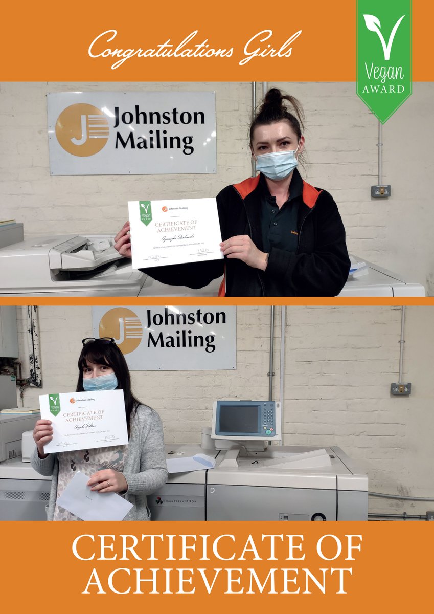 JohnstonMailing's tweet photo. Congratulations Aga and Angie on completing the Johnston Mailing Veganuary challenge and each winning £250. Well done and hope you continue to enjoy a Vegan diet.🌱🌎💚#Veganuary2021 #Veganism #DirectMail https://t.co/ruthiUE5s1
