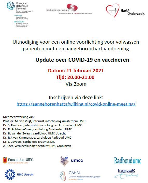 thoraxtwente's tweet photo. Op 11 februari vindt een online informatiebijeenkomst plaats voor volwassen patiënten met een aangeboren hartaandoening. Onderwerp: update over COVID-19 en vaccineren. Aanmelden kan via bijgaande link.
@ziekenhuisMST @UMCUtrecht @umcg @ErasmusMC @radboudumc @Hartstichting #COVID https://t.co/6HD46QXzML