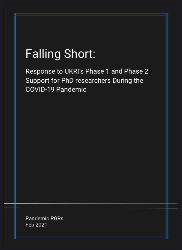 PandemicPGRs (@pandemicpgrs) on Twitter photo 🚨Today we are releasing our comprehensive report on pandemic support for PGRs🚨
Falling Short is an authoritative account of the precarious position of PGRs within the HE sector and the failings of <a href="/UKRI_News/">UK Research and Innovation</a> and HEIs’ COVID-19 support policies.
drive.google.com/file/d/1-6sBsb… 1/6 🚨Today we are releasing our comprehensive report on pandemic support for PGRs🚨
Falling Short is an authoritative account of the precarious position of PGRs within the HE sector and the failings of <a href="/UKRI_News/">UK Research and Innovation</a> and HEIs’ COVID-19 support policies.
drive.google.com/file/d/1-6sBsb… 1/6