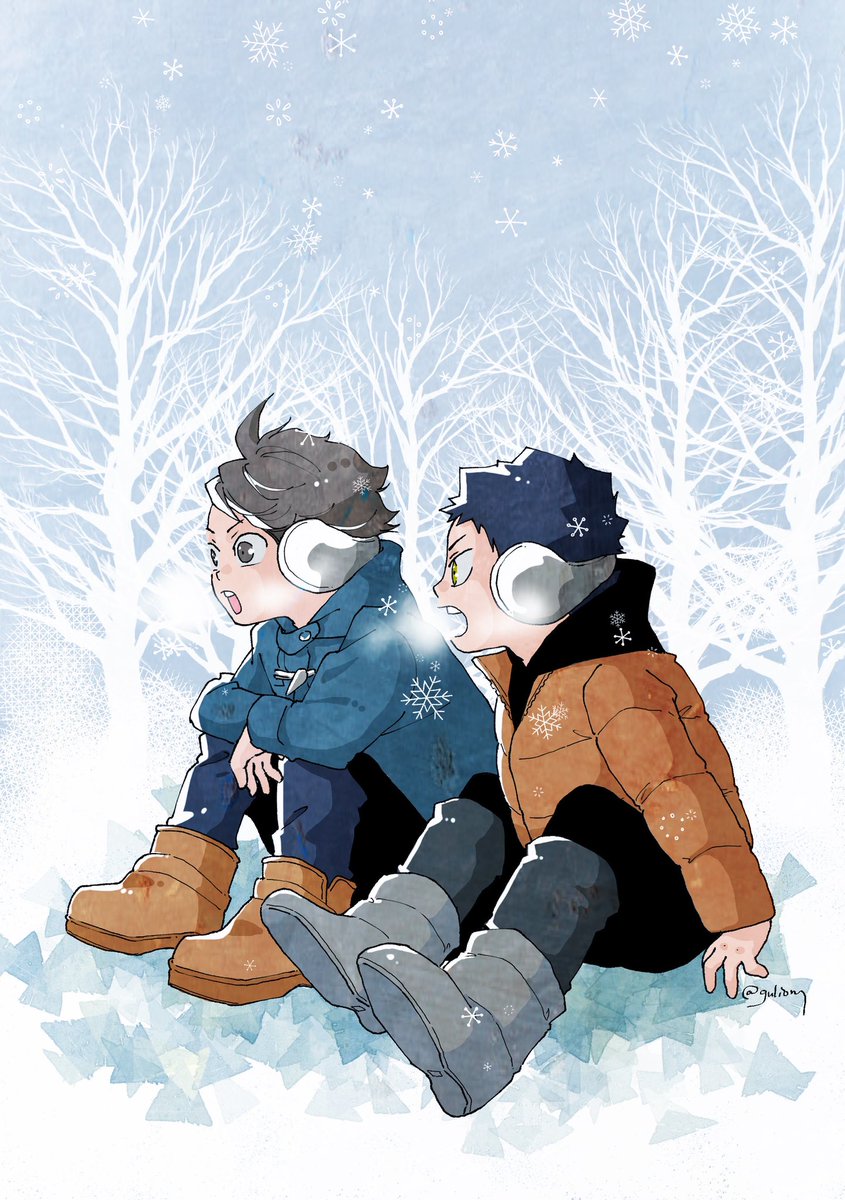 multiple boys 2boys sitting male focus coat earmuffs snowflakes  illustration images