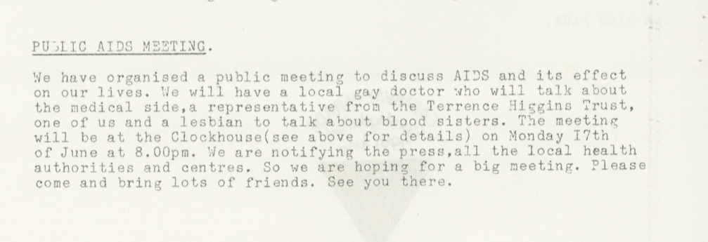 The GLGRG organised a public AIDS meeting in June 1985 at the Clockhouse Community Centre in Woolwich. Chaired by David Simpson, with speakers including a representative from  @THTorguk, a doctor, and someone discussing women with HIV-AIDS, called ‘blood sisters’.  #LGBTHM21  