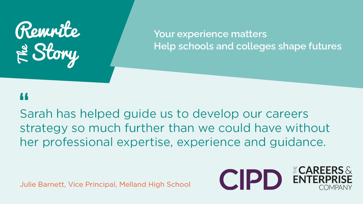CIPD's tweet photo. This #NationalApprenticeshipWeek, use your skills and knowledge to work with a local school or college to create opportunities for young people. Help #RewriteTheStory and become an #EnterpriseAdviser https://t.co/RV0u4iNbYd https://t.co/44cn0JfhU0