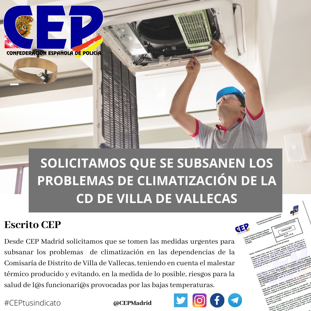 cepmadrid's tweet image. 🛠 Desde @cepmadrid #solicitamos que se tomen las medidas #urgentes para subsanar los #problemas de #climatización en la CD de Villa de #Vallecas evitando con ello afecciones a la #salud de los compañer@s, provocadas por las bajas #temperaturas. 

#trabajoCep 
#CEPtusindicato
