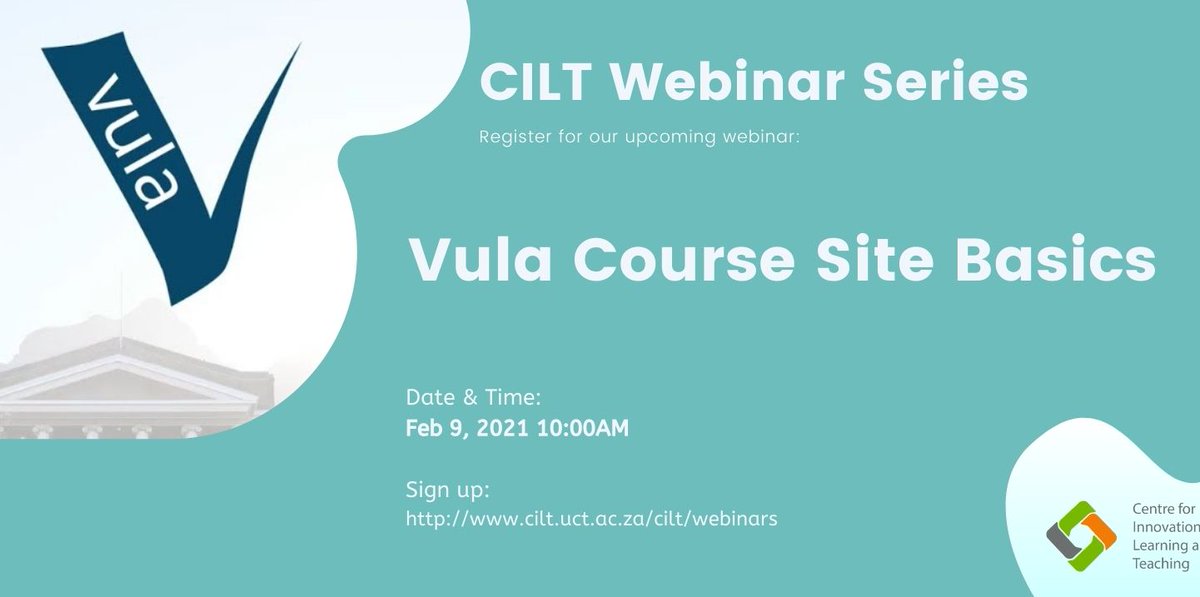 New to Vula or need a refresher as you plan your teaching <a href="/UCT_news/">UCT</a> ? Join this webinar covering the basics of setting up a course Vula site and intro to  commonly used tools. Tuesday 9 Feb, 10am Sign up- bit.ly/VulaSiteBasics