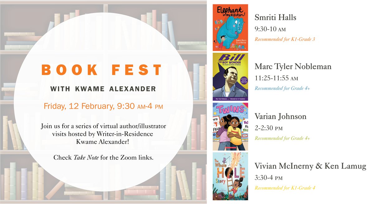 Book Fest w/ @kwamealexander on Friday, 12 Feb.
Save the date for a series of virtual author visits hosted by Writer-in-Residence Kwame Alexander! Visit ASL's TakeNote for the Zoom links. @smritihalls @MarcTylerNobleman <a href="/varianjohnson/">Varian Johnson</a> <a href="/VivianMac/">Vivian McInerny</a> <a href="/rabbleboy/">Ken Lamug 🇺🇸🇵🇭</a>