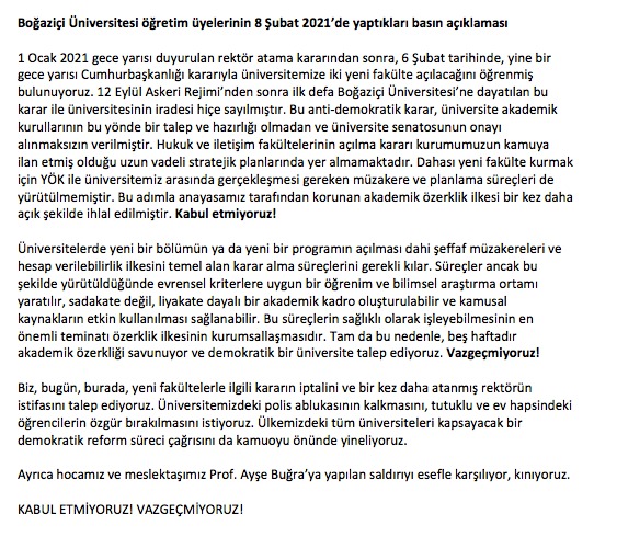 zgambetti's tweet photo. Boğaziçi Üniversitesi öğretim üyelerinin gece yarısı kararı ile üniversiteye 2 yeni fakülte açılmasına dair basın açıklaması 
#BogaziciSusmayacak 
@boundayanisma https://t.co/5cuU61hhgk