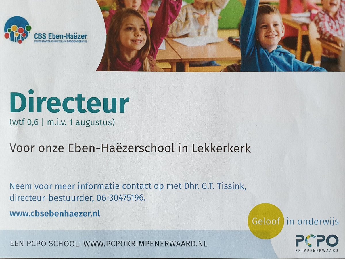 gerttissink's tweet photo. Tijd voor een nieuwe stap? Reageer op deze vacature: directeur op een gezellige dorpsschool. Uit te breiden tot wtf 1. https://t.co/BrjqNoyQrC