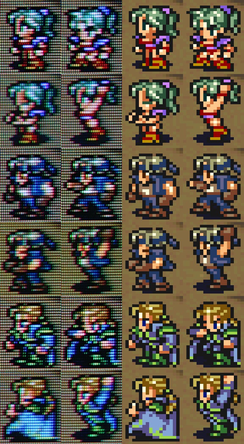 Ruuupu ブラウン管tvで観るドット絵 その52 Sfc Ff6 ティナ ロック エドガー 使用crt Kv 14af1 14インチ 漸く仲間が全員揃ったのでキャラドット絵を 敵ドット絵と比べると比較的元のドット絵に近い見た目なっていますが 髪や肌のハイライトや服の陰の