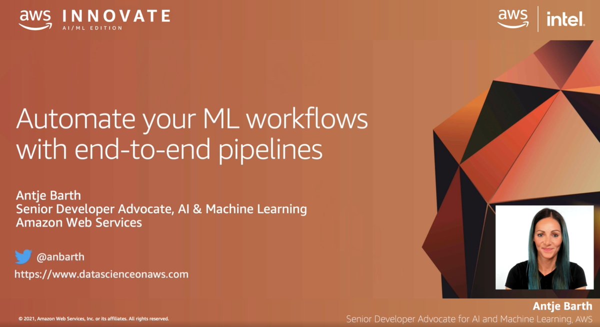 Curious how to automate your ML workflows with end-to-end pipelines and Amazon #SageMaker? Join me for my demo session at AWS Innovate Online on February 24 ➡️ amzn.to/39N8O7L <a href="/awscloud/">Amazon Web Services</a> #AI #ML #MLOps #Orchestration #Automation #Pipelines