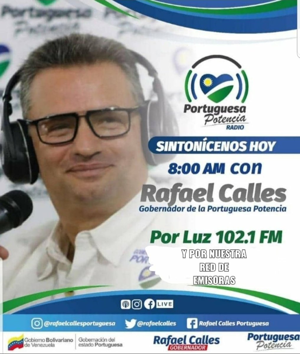 #EnMinutos #PortuguesaPotenciaRadio 
Sintonizamos a través de Luz 102.1Fm y las emisoras conectadas a nivel regional.
Página-1
 luz1021fm.com
Página-2
bit.ly/33aHSem
Radio En Vivo
luz1021fm.com
#EnVivo por Instagram @rafaelcallesportuguesa