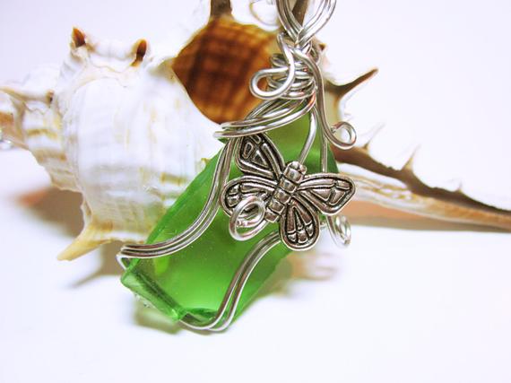 Green Sea Glass Wire Wrapped #Nautical Pendant Nautical Necklace Green Sea Glass Jewelry #Gift ideas For Her SEA GLASS JEWELRY #seaglaspendant #nauticalnecklce #giftidea #giftforher #fashion #seaglass