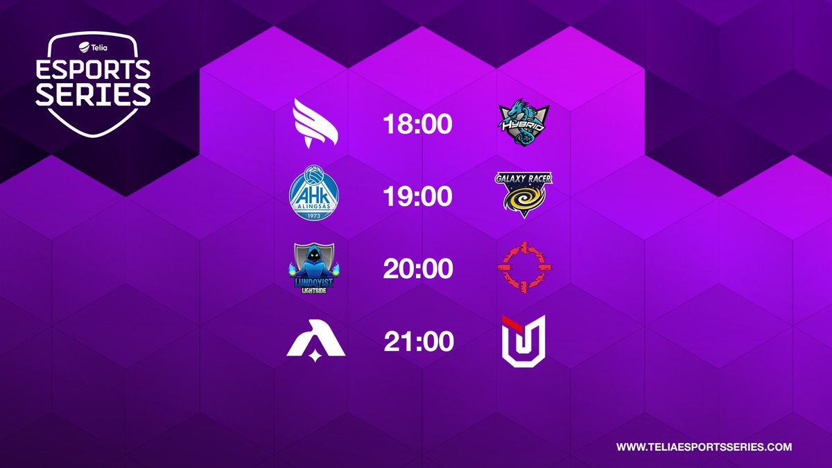 [🇸🇪]

Tonight's matches are:

🕕18:00 CET
🆚<a href="/falkngg/">FALKN</a> // <a href="/HybridGGesports/">Hybrid Esports</a> 
🕖19:00 CET
🆚<a href="/AlingsasHK/">Alingsås HK</a> // <a href="/GalaxyRacerDxb/">Galaxy Racer</a> 
🕗20:00 CET 
🆚<a href="/LightsideSWE/">Lundqvist Lightside</a> // <a href="/Lanomania/">Lanomania</a> 
🕘21:00 CET 
🆚<a href="/AqualixOfficial/">AqualixOfficial</a> // @uniq_club 

📺twitch.tv/telia_lol_swe

#risetothetop #esports #TeliaGG