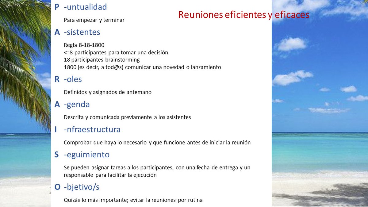 Aquí tenéis las indicaciones que os llevaran al PARAISO (Puntualidad, Asistentes, Roles, Agenda, Infraestructura, Seguimiento y Objetivo/s) de las #reuniones o como dice <a href="/XavierMarcet/">Xavier Marcet</a> <a href="/LaVanguardia/">La Vanguardia</a> a “rescatar las reuniones de la #reunionitis” #eficiencia #eficacia #productividad