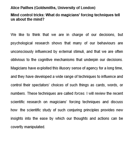 What do magicians know about the sense of agency that cognitive scientists don't? Looking forward to this week's <a href="/GoldsmithsPsych/">GoldsmithsPsychology</a> seminar from <a href="/AlicePailhes/">Alice Pailhès</a>, on how magicians manipulate feelings of volition and agency. Thurs 11th Feb, 4pm. Email me if you'd like the link.