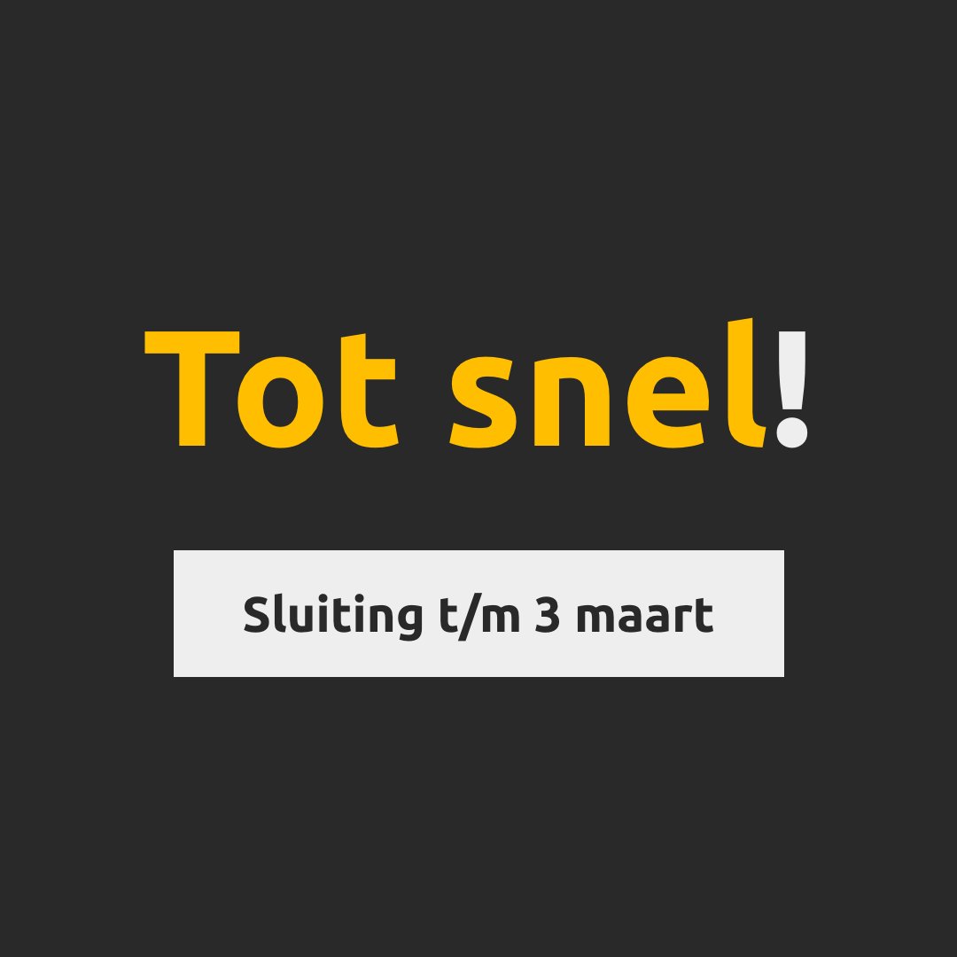 Corona update! Aangezien de lockdown verlengd is zijn we t/m 3 maart gesloten en hopen we donderdag 4 maart onze deuren weer te kunnen openen (tot nadere berichtgeving). Onze klantenservice staat nog steeds voor je klaar. Zoals altijd gaat de gezondheid boven alles. Tot snel!