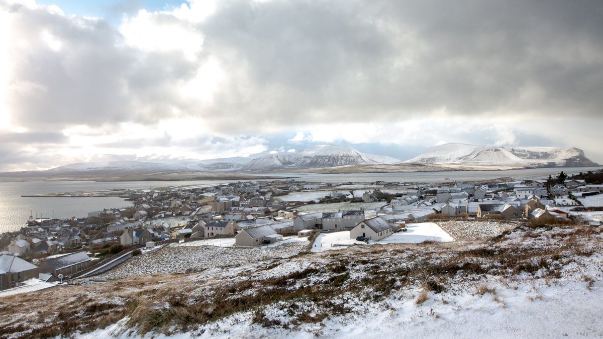 View over Stromness and Hoy in the snow from Brinkie's Brae