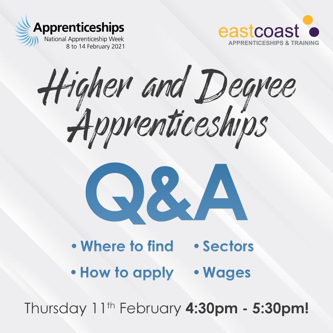 EastCoast_Coll's tweet image. We are holding a live information session on Thursday, 11th February at 4.30pm, to provide information about Higher and Degree level Apprenticeships.

To join use the below link or log in information:
zoom.us/j/98090307689?…
Webinar ID: 980 9030 7689
Passcode: zYm4wZ