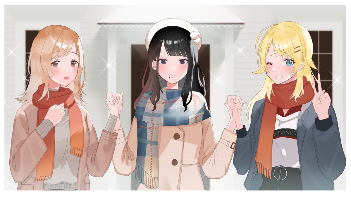 hachimiya meguru ,kazano hiori ,sakuragi mano 3girls multiple girls scarf blonde hair v one eye closed black hair  illustration images