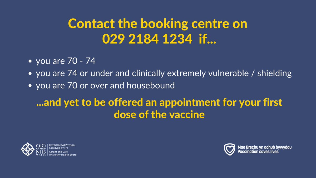 Contact the booking centre on 029 2184 1234 if you are yet to be offered an appointment for your first dose of the vaccine, and:  you are 70 - 74 you are 74 or under and clinically extremely vulnerable / shielding you are 70 or over and housebound