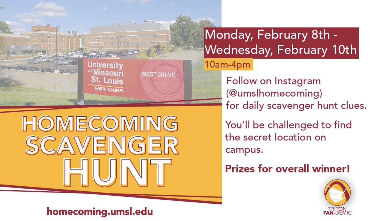 Are you ready for a scavenger hunt? Head to where you think the location is,  take a picture with the Louie head, post it on IG using the hashtag #UMSLhomecominghunt or send us a DM. You must complete by 4pm

 Here is your first clue: Run, swim, climb, zipline we have it all!