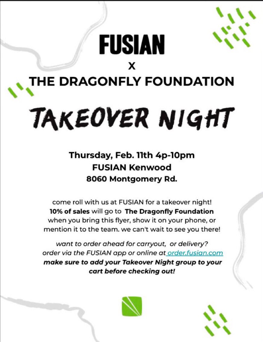 Fusian x TDF 💙💛 Present this flyer on Thursday, Feb 11 and 10% of all proceeds will go to <a href="/DragonflyCinci/">The Dragonfly Foundation</a> ! <a href="/TheRealMrMader/">Doug Mader Coldwater Superintendent</a> <a href="/TopAviator/">Frank Forsthoefel</a>