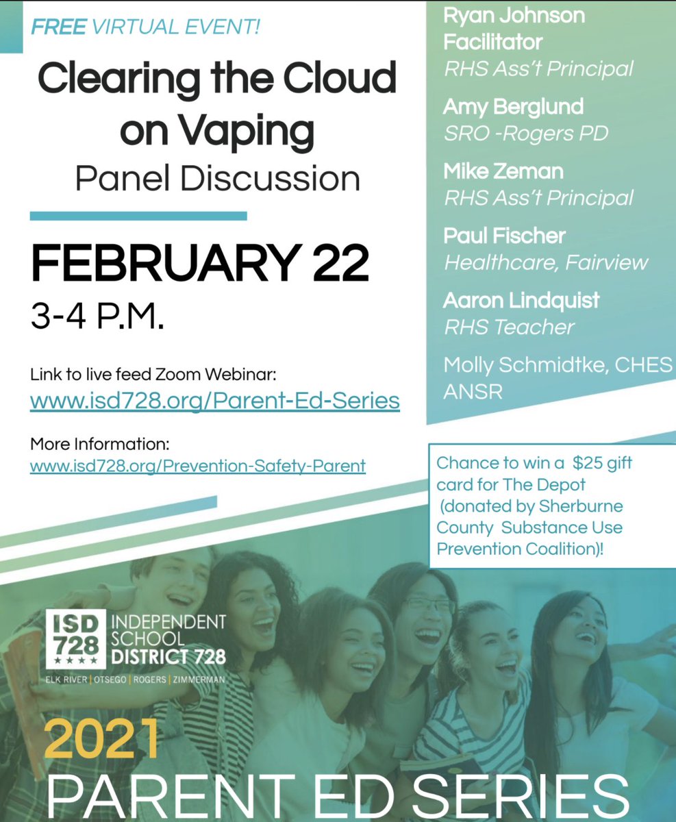 Mark your calendars and share <a href="/isd728/">ISD 728</a>! 'Clear the Cloud on Vaping' event on Feb 22 3-4pm - all welcome! Virtual - zoom link to connect. <a href="/RogersHighSclMN/">Rogers High School</a> <a href="/geauxroyals/">Rogers Royals</a> <a href="/ERHSCounseling/">ERHS Counseling</a> <a href="/Elk_River_Elks/">Elk River Elks</a> <a href="/ZHSActivities/">Zimmerman Thunder</a> @ElkRiverDECA <a href="/SalkSTEM/">Salk Middle School</a> <a href="/ElkRiverVMS/">VandenBerge Middle School</a>  us02web.zoom.us/j/83724398896
