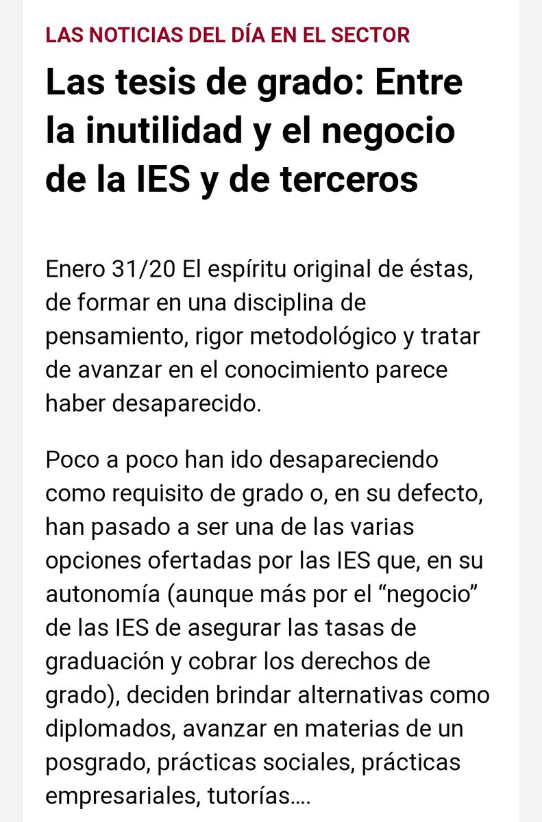 Johnbo100's tweet photo. PREGUNTA DE INVESTIGACIÓN para una tesis de grado:

¿Cuál es el impacto, la utilidad, el servicio, de las tesis de grado de maestrías y de doctorados en Colombia? ¿Sirven para algo, aparte de mejorar rankings? ¿Permanecen como meros requisitos para optar al título?

👇👇 https://t.co/3klNkZgQ3u