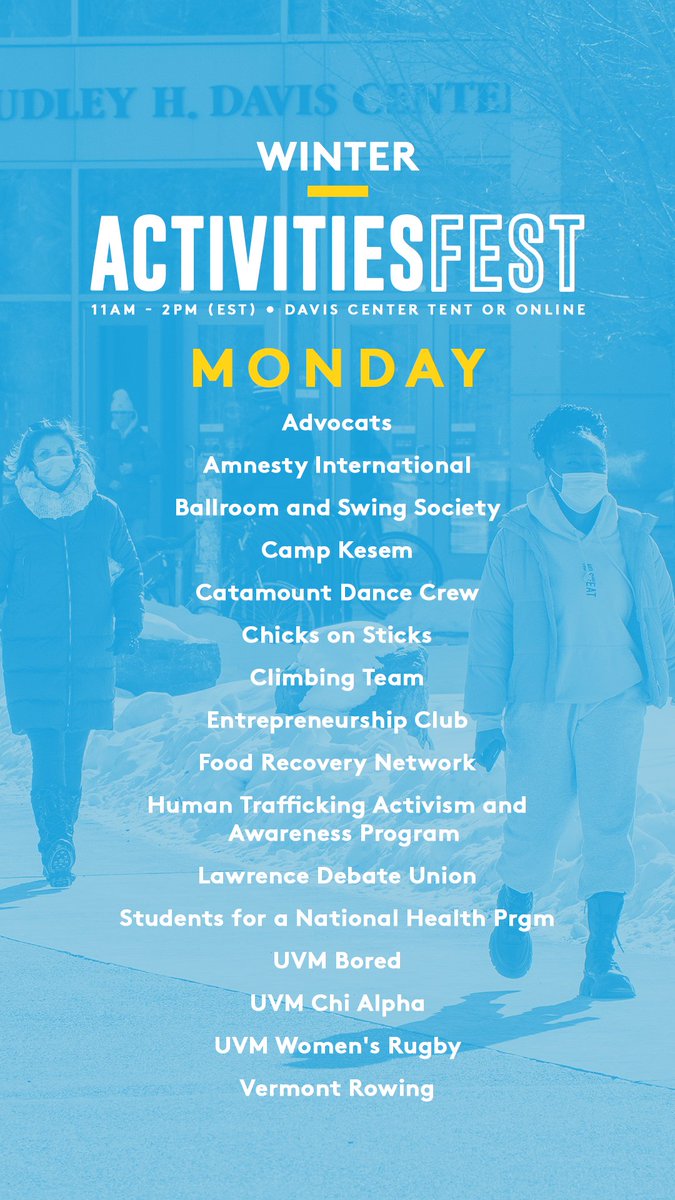 UVM BORED (@uvmbored) on Twitter photo Today kicks off Winter ActivitiesFest - <a href="/uvmvermont/">University of Vermont</a>'s bi-annual club fair. Chat with clubs in-person (at the <a href="/uvmdaviscenter/">Dudley H. Davis Center</a> outdoor tent) and online 11am - 2pm (EST) all this week and get connected with your interests and passions.
Open to see the clubs tabling Monday: Today kicks off Winter ActivitiesFest - <a href="/uvmvermont/">University of Vermont</a>'s bi-annual club fair. Chat with clubs in-person (at the <a href="/uvmdaviscenter/">Dudley H. Davis Center</a> outdoor tent) and online 11am - 2pm (EST) all this week and get connected with your interests and passions.
Open to see the clubs tabling Monday: