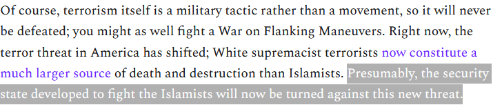 There's great work to be written on the changed relation of the public to the War on Terror vis a vis white supremacy, but if you want to tell that story, you should maybe mention which members of Congress are cautioning restraint in launching a Domestic War on Terror, and why.