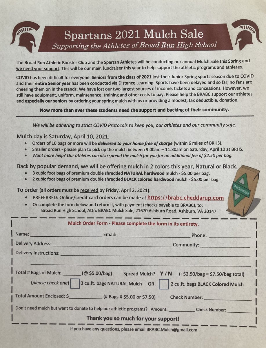 The BRABC Mulch Sale is back!! Support Broad Run Athletes today and order your mulch via this form or online at brabc.cheddarup.com
Deadline: April 2nd
Mulch Delivery: April 10th
Thanks for your support!!!
