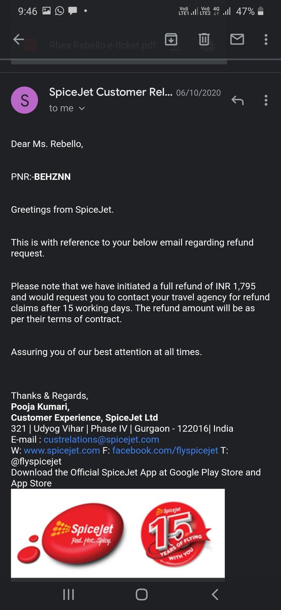 RheaRebello's tweet photo. This is another ticket for which I haven't received a refund. Despite constantly checking up with the companies.😓 @Cleartrip Despite confirmation from @flyspicejet i have not received any refund from @Cleartrip . https://t.co/NwYoGDRtTV https://t.co/73139MSDfS