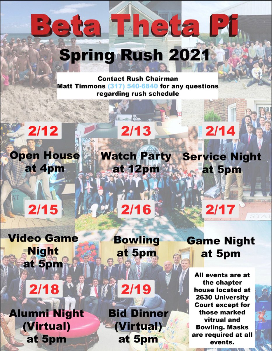 Spring Rush 2021 is officially here!! If you or anyone you know is interested in rushing Beta Theta Pi, make sure to stop by our events and fill out the interest form— Link in our bio! If you have any questions, feel free to reach out to our recruitment chair Matt Timmons #rush
