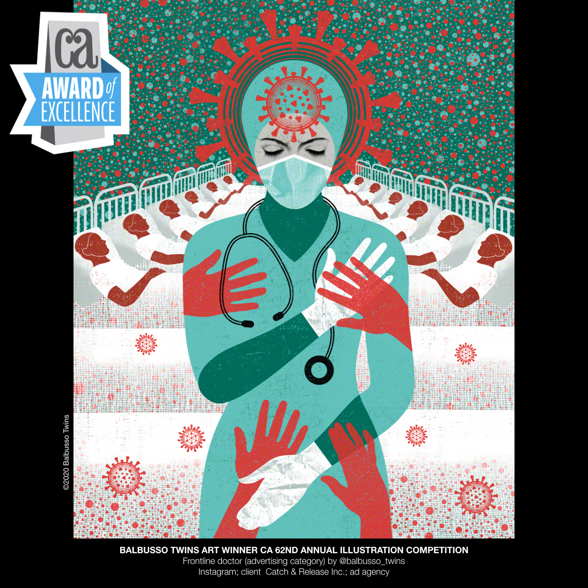balbusso_twins's tweet photo. We just got the news our piece #frontlinedoctor has been selected by jury to appear in #illustration Annual 62 of @communicationarts thank you so much to the jury and @instagram #covid #COVIDー19 #coronavirus #frontline #nurses #doctors #award #balbussotwins #frontlineworkers https://t.co/7rsYMU2waK