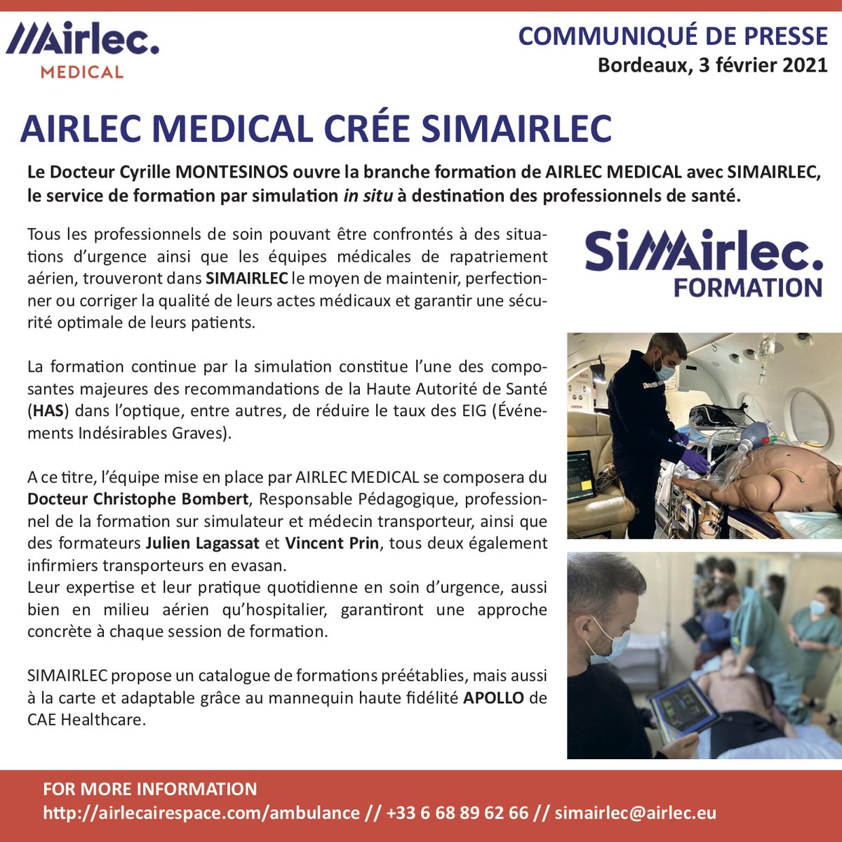 AIRLEC MEDICAL ouvre sa branche #formations avec SIMAIRLEC, le service de formation par #Simulation in situ à destination des professionnels de santé.