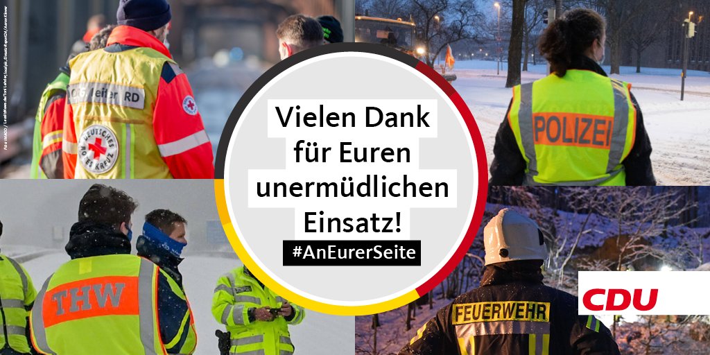 CDU's tweet photo. ❄️ Liebe Straßenmeistereien, liebe #Feuerwehr- und Rettungskräfte, liebe Polizistinnen und Polizisten, liebes @THWLeitung, liebe Pannendienste, wir sagen #DANKE!🙏 Ihr seid täglich für uns &amp; unsere Sicherheit da. Das ist keine Selbstverständlichkeit - gerade jetzt. #AnEurerSeite https://t.co/1eLaLUcPMV