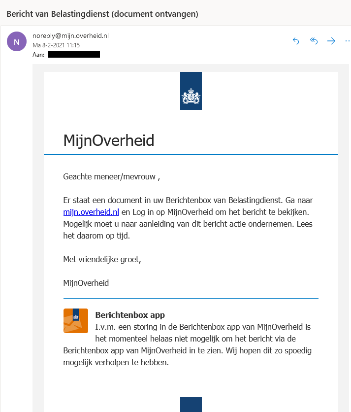 Opgelet: deze mail uit naam van MijnOverheid lijkt echt maar is verstuurd door online criminelen. Klik niet op de link, het 'Bericht van Belastingdienst' is nep. Bekijk het voorbeeld → bnnvara.nl/kassa/artikele… #KassaTV