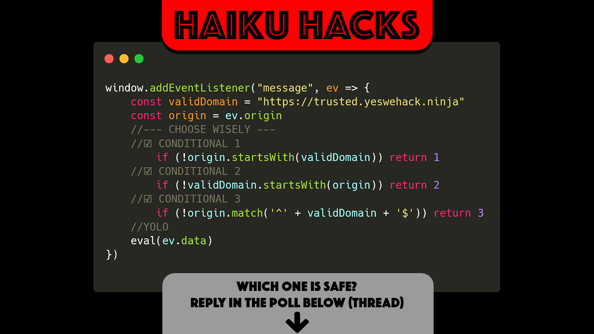 yeswehack's tweet image. Excellent Monday you all!
What about a nice cup of #HAIKUHACKS?
#bugbounty #hackerschallenge