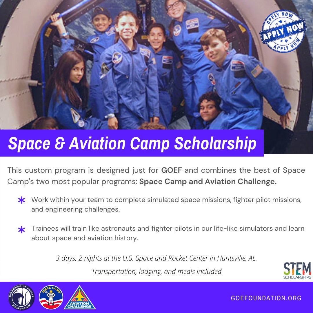GOEFoundation's tweet photo. Last day to apply for the GOEF #Scholarships is TOMORROW!!!
ages 9-18 are eligible
Request application: acscgoe@goefoundation.org
Due: 9 February
#stem #scholarship #education #aviation #airpower #goefoundation #students #alabama #riverregion #spacecamp #aviationchallenge https://t.co/kJWCeinJLN