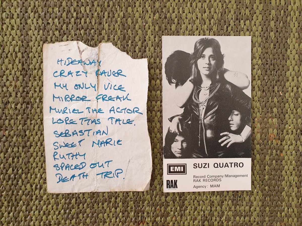 MyOwnCurry's tweet photo. #SuziQuatro #SteveHarley #CockneyRebel #MiltonReameJames 
Found some gems from Bournemouth 1973. On the bill Phoenix Express, Cockney Rebel and Suzy Quatro. These are the actual playlists given to me at breakdown. https://t.co/K2xlcylbXg