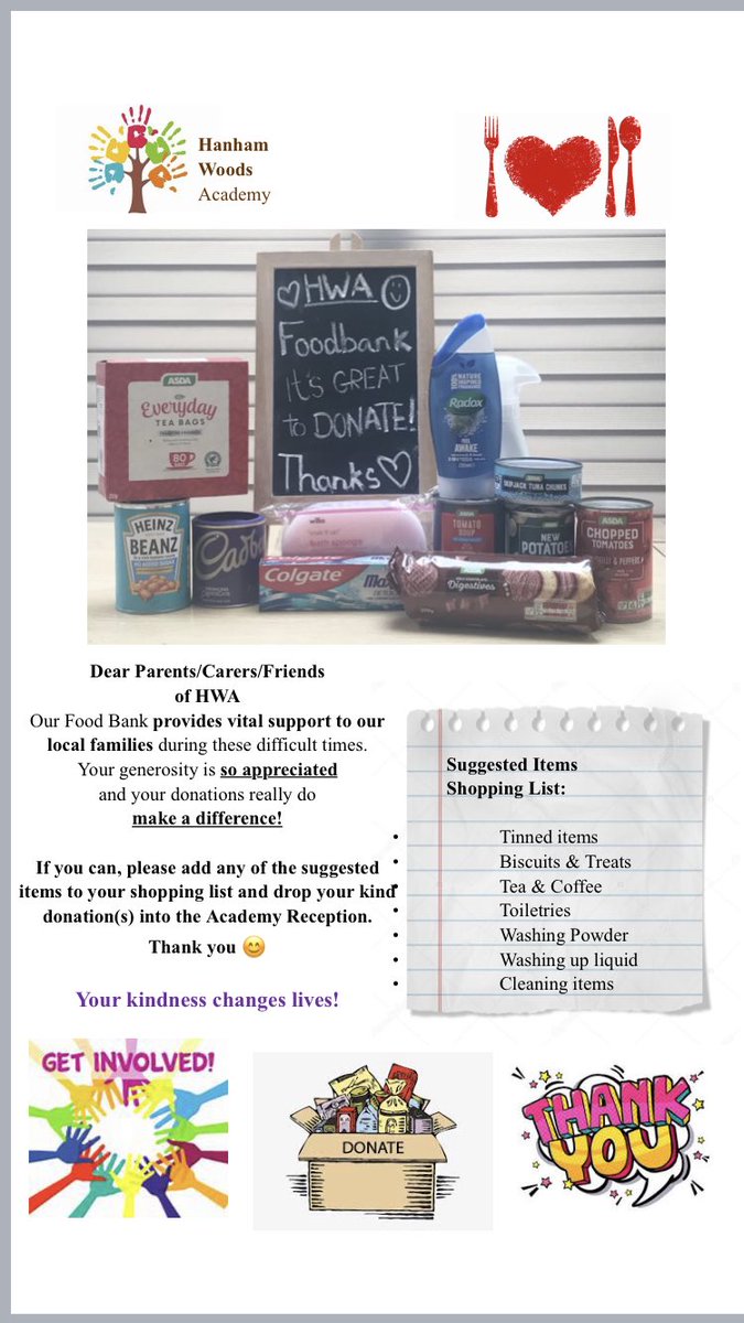 HWAhouses's tweet photo. Our year 7 Academy Council have asked me to share this fantastic poster they have made to raise awareness for our food bank collection. See the letter on the website for a full list of items needed @HanhamWoods @HWApastoral @HWAStudentsLead https://t.co/na6kTL1zC4